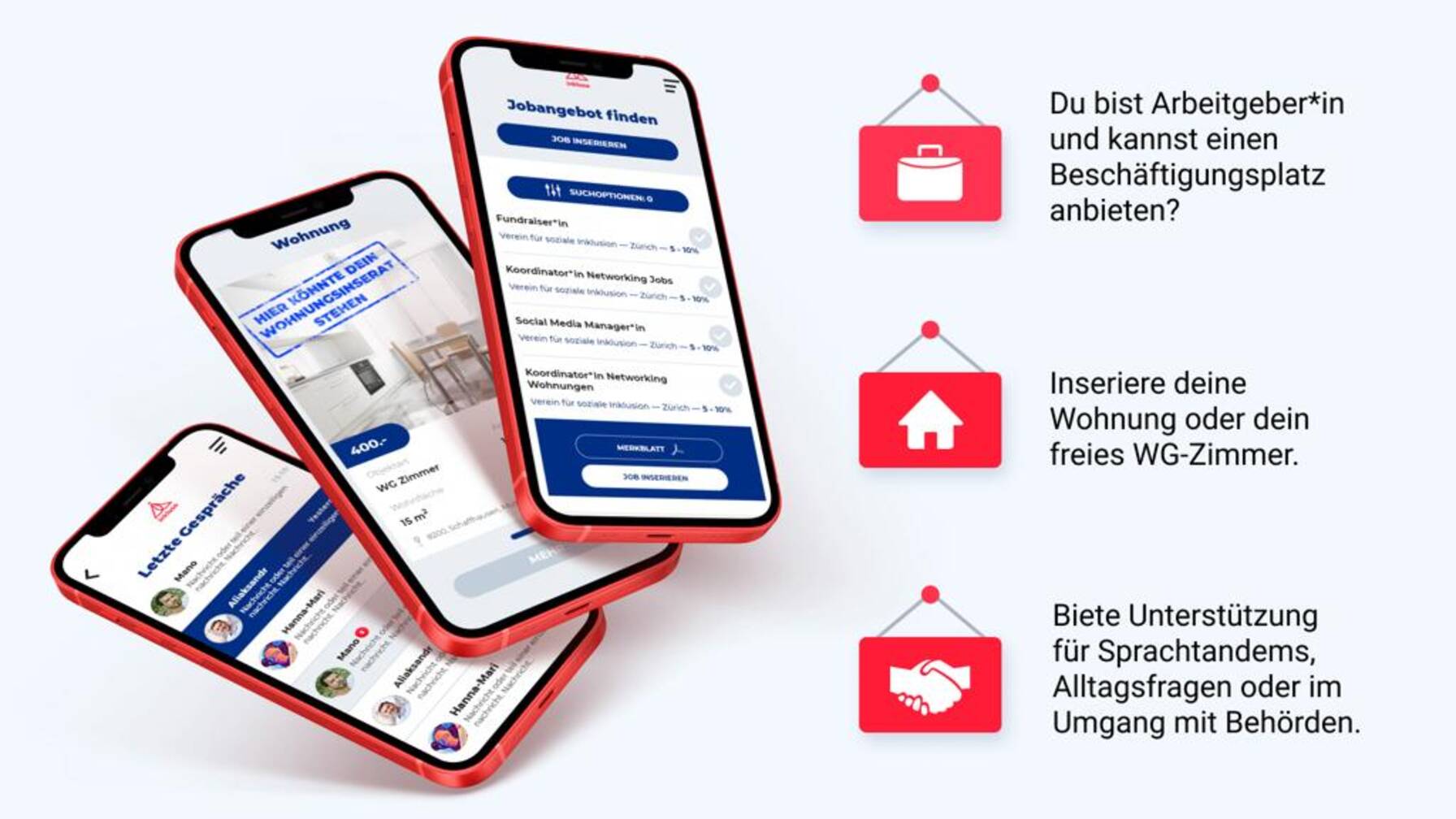 Auf diesem Bild werden die drei Teilbereiche der Plattform inkluso.ch dargestellt, nämlich Vernetzungsmöglichkeiten für die Knüpfung sozialer Kontakte, für Wohnungs- und Jobinserate.